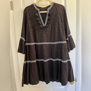 Tommy Bahama Black Tiered Embroidered Dress with Tassels